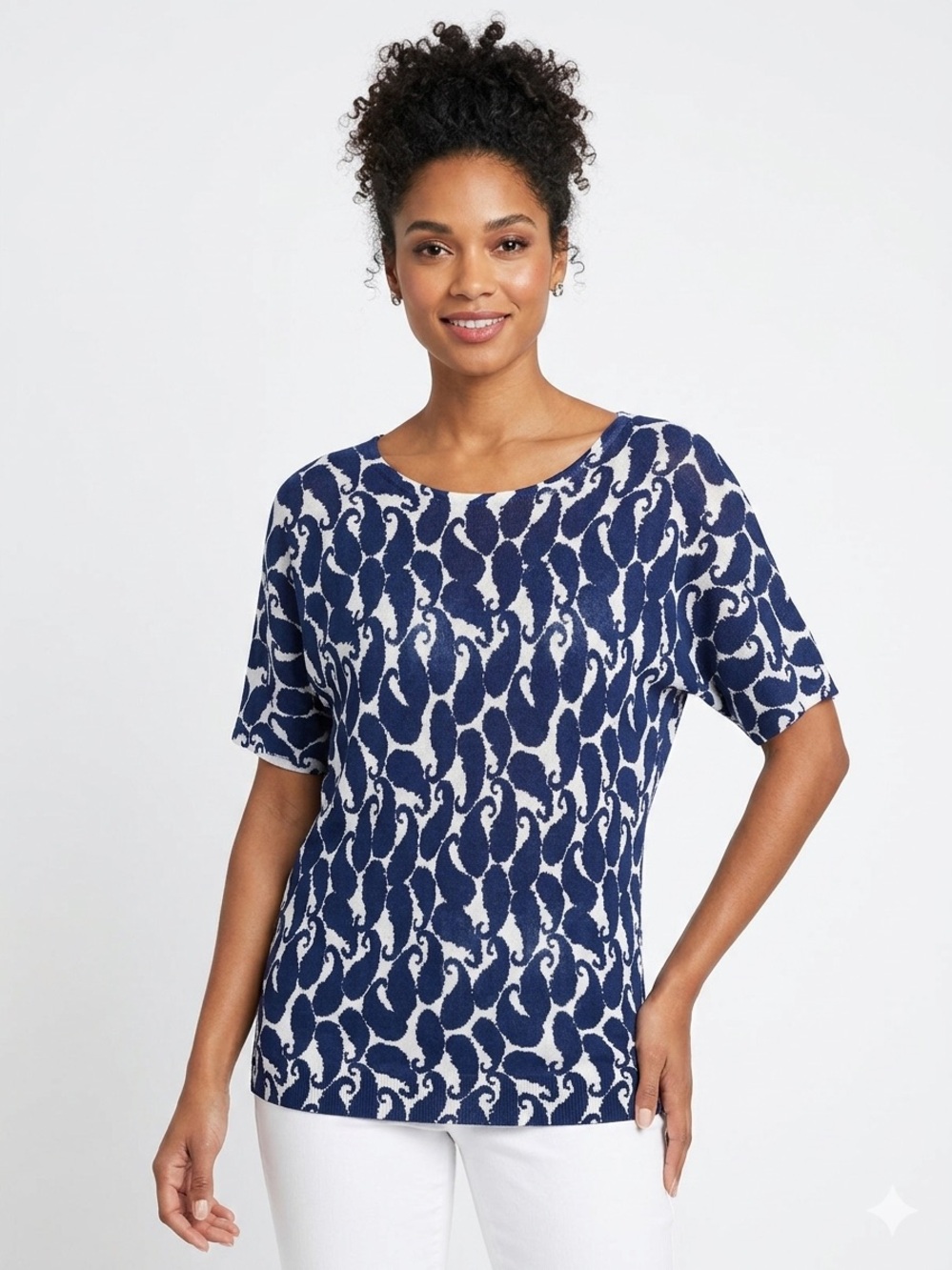 Talbots Linen Blend Knit Sweater Top Size MP V‑Back, Blue White, Lightweight
